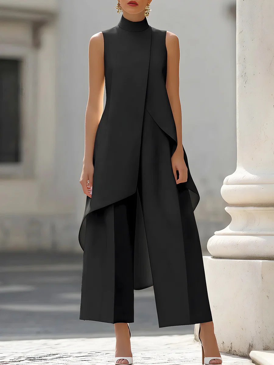 Women'S Office Formal Wear For Ladies - Sleeveless High Neck Asymmetrical Layered Wide