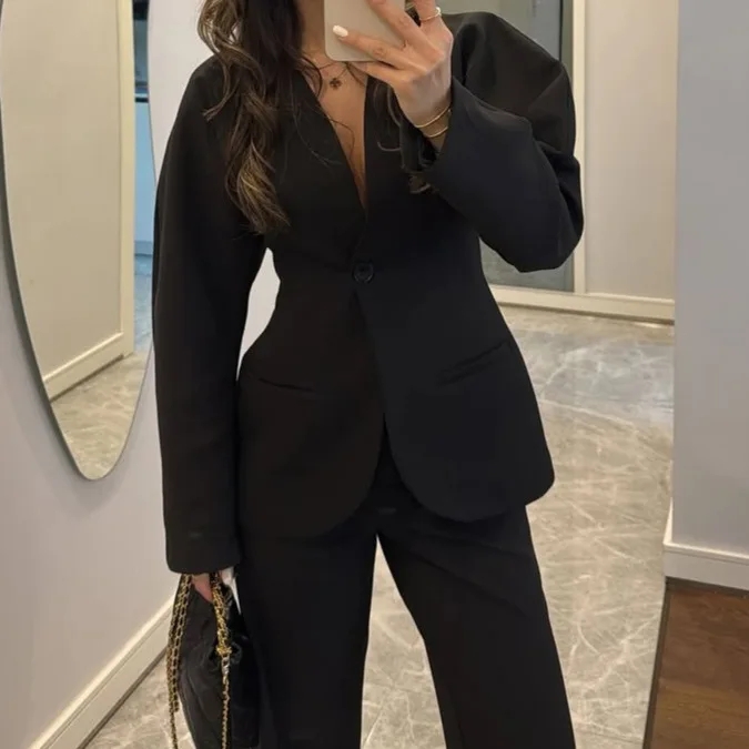 Women Formal Wear With Tie - 2025 New Women Black V Neck