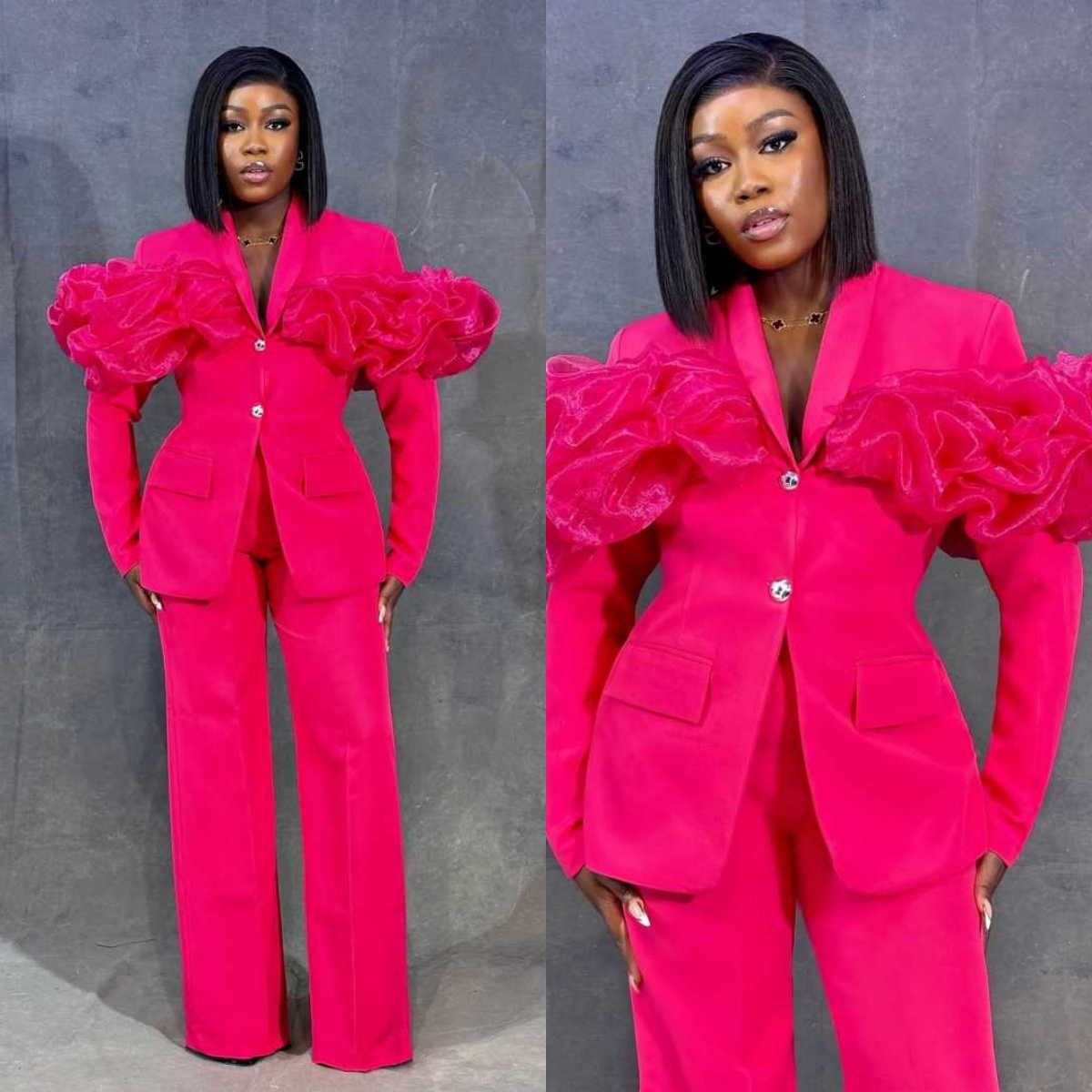 Women Formal Wear With Tie - Customized Hot Pink Women Pants Suits