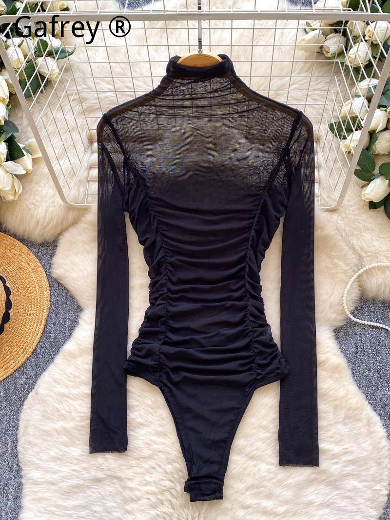 Sexy Grey Mesh Ruched Bodysuit - đánh giá và giá Turtleneck Bodysuit Office