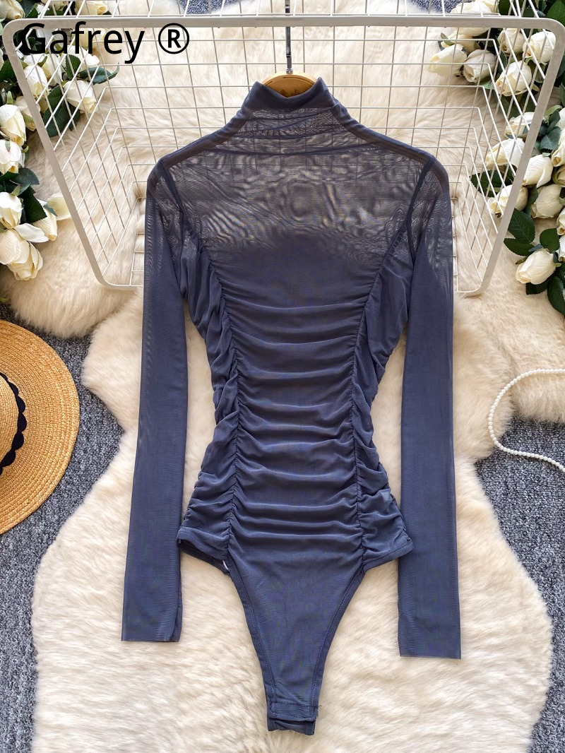 Sexy Grey Mesh Ruched Bodysuit - đánh giá và giá Turtleneck Bodysuit Office