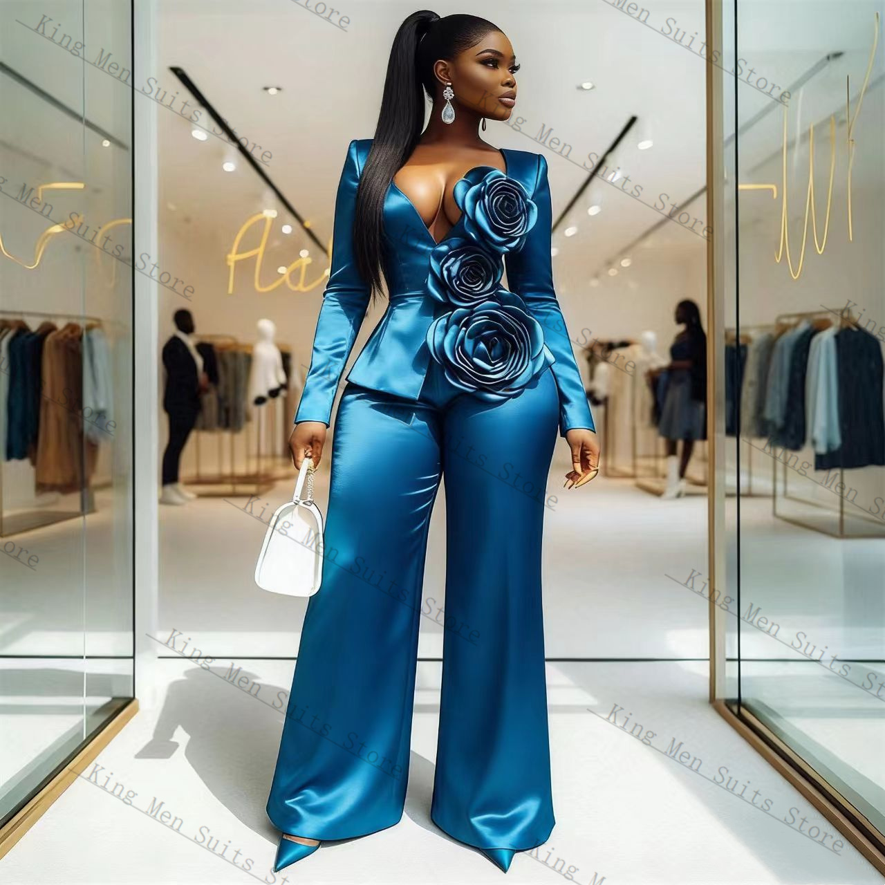 Blue Satin Women Suit Set 2 Pc - đánh giá và giá Women'S Formal Wear Tuxedo